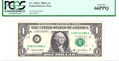 2003-A $1 FRN PCGS Gem New 66PPQ BOOKEND RADAR Serial #C88344388A - Image 1 of 2