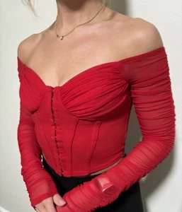 Windsor Corset Top Sexy Ruched Red Bustier Ruffled Long Sleeve NWT XS - Picture 1 of 8