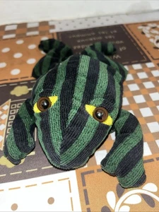 Vintage Small Green & Black Striped Corduroy Beanbag Laying Down Plush NO TAG - Picture 1 of 6