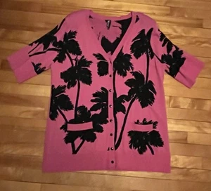 NEW Berek Pink & Black Palm Trees Knit Elbow Length Sleeves Cardigan Sweater 2XL - Picture 1 of 13