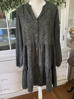 Nine West Green Animal Print Long Sleeve Dress Boho Hippie Tiered XL Relaxed - Image 1 of 4