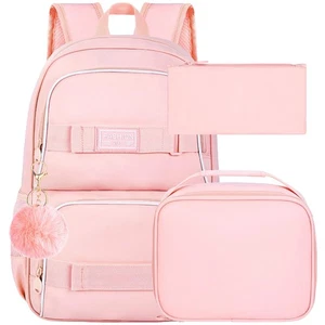 3PCS Girls Backpack, 17" Water Resistant School Bag with Lunch Box, Cute Pink... - Picture 1 of 8