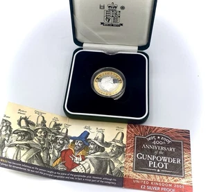 Moneda de plata esterlina 2005 de 2 libras con trama de pólvora de pistola Royal Mint original - Imagen 1 de 6