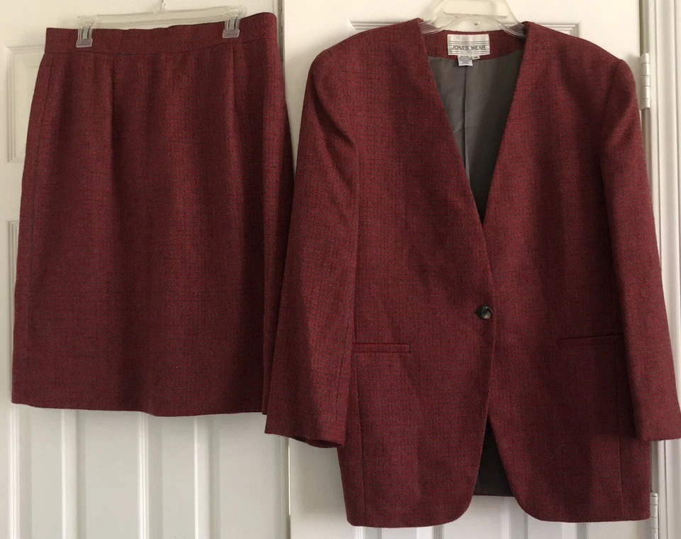 Jones Wear Falda Traje Rojo/Gris Diseño Pata de Gallo Chaqueta Sin Cuello 100% Lana 16 Foto 1 de 4