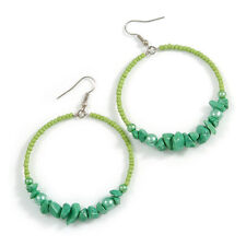 Large Glass/ Bead/Semiprecious Stone Hoop Earrings In Silver Tone/ Green/ 50mm L
