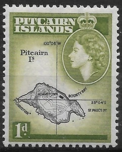 1957 PITCAIRN ISLANDS QUEEN ELIZABETH II 1d  #21 MLH OG  MAP - Picture 1 of 2