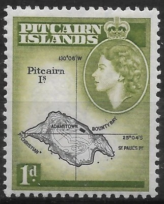 1957 PITCAIRN ISLANDS QUEEN ELIZABETH II 1d  #21 MLH OG  MAP - Image 1 of 2