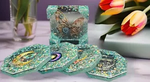 Handmade Glitter Butterfly Hexagon Coaster Set Home Office Decor - Picture 1 of 4