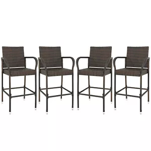 Set of 4 Upgraded Wicker Bar Stools Chairs Backyard Rattan Chair w/Armrest Brwon - Picture 1 of 17