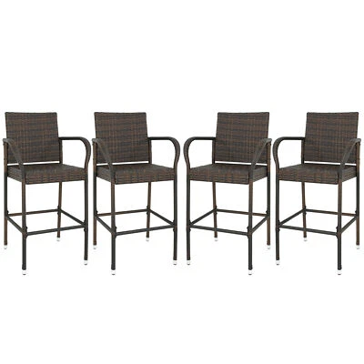 Set of 4 Upgraded Wicker Bar Stools Chairs Backyard Rattan Chair w/Armrest Brwon - Image 1 of 4