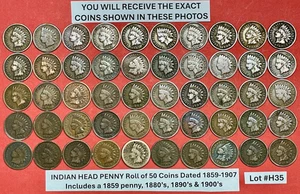 Indian Head Pennies Penny Lot Roll of 50 Coins with Full Dates 1859-1907 #H35 - Picture 1 of 6