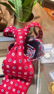 MEETING STREET 100% SILK TIE RED, BLUE & SILVER GEOMETRIC  59”X 4" HAND MADE - Image 1 of 4