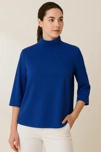 UNIQLO BLUE SLEEVED HIGH NECK BLOUSE SIZE M - Picture 1 of 8