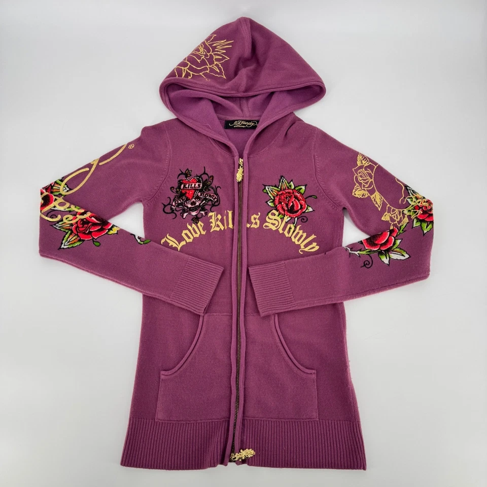 Sudadera con Capucha Ed Hardy Love Kills Slowly Cremallera Púrpura XS Estrás Tatuaje Y2K De Colección Foto 1 de 4