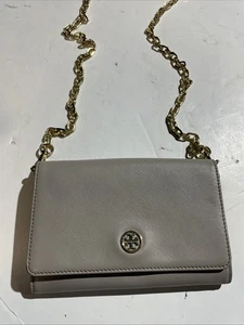 Tory Burch Robinson Grey Leather Wallet Crossbody Gold Chain - Picture 1 of 12