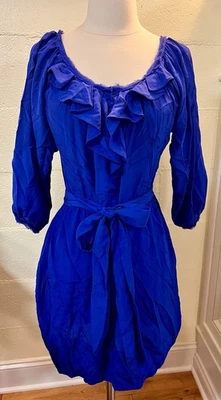 Rebecca Taylor 100% Silk Dress Womens Sz 0 Blue Ruffle Neck Pockets 3/4 Sleeve - Image 1 of 4