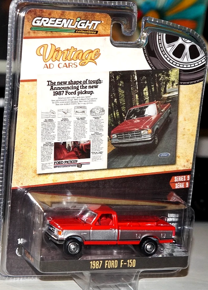 1: 64 绿灯 * 复古广告汽车 9 * 红色和银色 1987 年福特 F-150 拾音器 — 第 1/1 张图片
