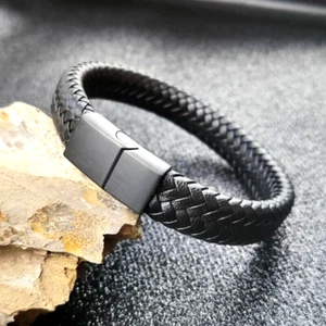 Mens Stylish Stainless Steel Magnetic Clasp Braided Leather Bracelet Handmade - Picture 1 of 14