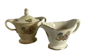 Antique Vintage Unbranded Sugar Bowl w Lid Creamer Pink Blue Floral Gold Trim - Picture 1 of 11