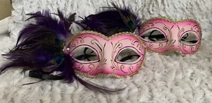 Masquerade Mardi Gras Eye Mask with Peacock Feathers and Jewel Set of (2) - Picture 1 of 7