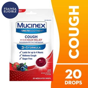 Mucinex Instasoothe Cough Drops Sugar Free FSA/HSA Mixed Berry Flavor 20 Medicat - Picture 1 of 3