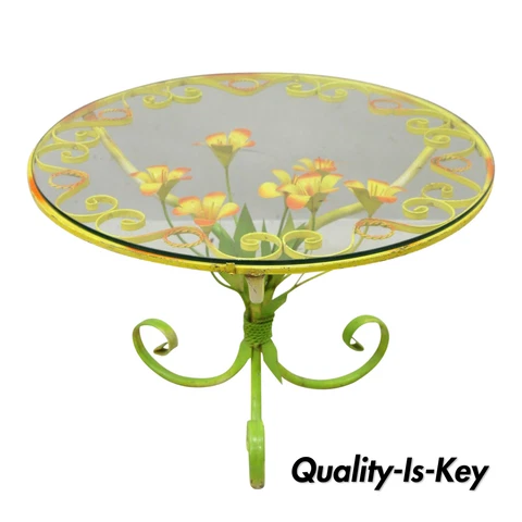 Italian Hollywood Regency Orange Yellow 25" Round Iron Flower Small Coffee Table Cover