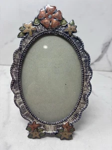 Hübscher ovaler Bilderrahmen aus Emaille Metall mit Blumenmuster ca. 7 Zoll hoch - Bild 1 von 6