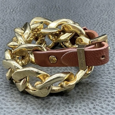 Браслет женский Michael Kors с золотой цепочкой коричневый кожаный логотип подвеска регулируемый - Изображение 1 из 4