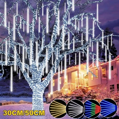 LED Meteor Shower Lights Christmas Cascading Falling Rain Drop Lights Outdoor UK - Image 1 of 4
