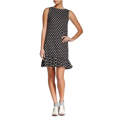 Betsy Johnson Polka Dot Mini Shift Dress 10 Black Ruffle Hem Sleeveless Retro - Image 1 of 4