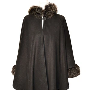 Parkhurst Faux Fur Collar & Cuff Cape Poncho One Button Closure Elegant Fkeece - Picture 1 of 8