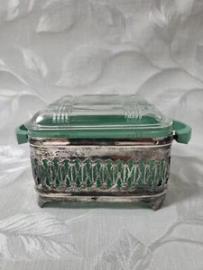Vintage Agee Green Sprayware Pyrex Colourware Lidded With EPNS A1 Stand Dish - Picture 1 of 14