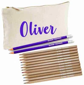 Personalised Canvas Pencil Case with 12 Colouring Pencils & 2 HB Pencils -PURPLE - Picture 1 of 7