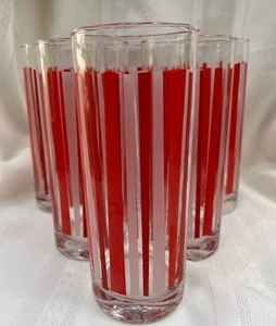 MID CENTURY MODERN ~ RED & WHITE VERTICAL STRIPE HIGHBALL GLASS SET of 6 ~ 14 oz - Picture 1 of 8