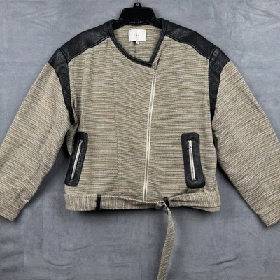 IRO Jake Textured Knit Jacket Size 3 Leather Trim Belted Cropped - Image 1 of 4