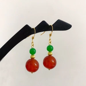 Charming AAAAA 4-9mm natural red green jade Elegant earrings 14k Gold - Picture 1 of 6