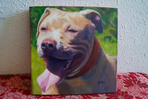 HOT DOG Original Oil Painting 8x8" - pet portraits dog painting pitbull terrier - Picture 1 of 3