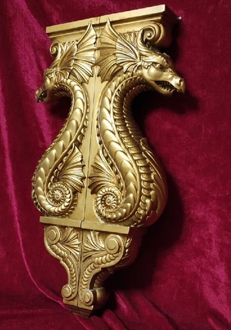 Large Dragon Corbel, Antique gold paint Wooden Corbel, Fireplace Surround Cover