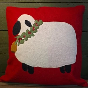 Primitive Farmhouse Christmas Sheep Pillow Red Wool Felt 14" Holiday DecorNew - Picture 1 of 2