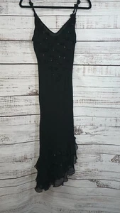 Abito MIDI Vintage Y2K Ottime Condizioni Asimmetrico Nero Chiffon Con Floreale - Foto 1 di 7