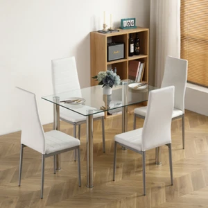 5Pcs Dining Set Kitchen Room Table Set Dining Table and 4 Leather Chairs - Picture 1 of 24