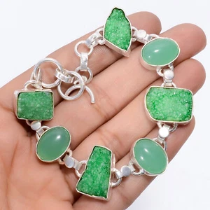 Chalcedony Green Druzy Gemstone Fashion Jewelry 925 Silver Bracelet 7-8" ARB-913 - Picture 1 of 3