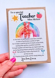 Personalised Thank You Teacher Pocket Bear Gift Present Ideas TA Nursery Card - Picture 1 of 21