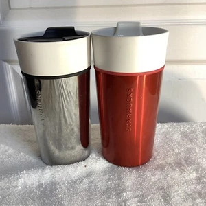 Lot Of 2 Stainless/Ceramic 12oz Tumblers W/Lids - Shiny Red/White & Silver/White - Picture 1 of 15