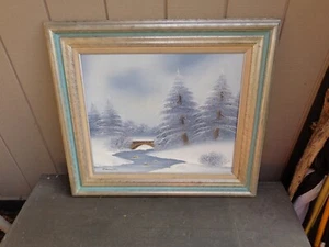 Pintura al óleo vintage de paisaje y puente de invierno de abogado firmada enmarcada Navidad - Imagen 1 de 20