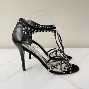 NEW Audrey Brooke Womans Black Mary Jane Heel Leather Silver Studded Strap 7.5