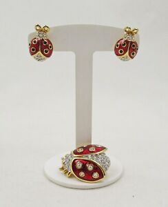 Stunning Swarovski Crystal Ladybug Pin & Earrings Set Gold Tone Red Enamel Wings