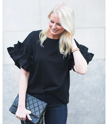 Camiseta DREW Anthropologie Negra Algodón Manga Volantes Talla XS Manga Corta Top Preppy Foto 1 de 4