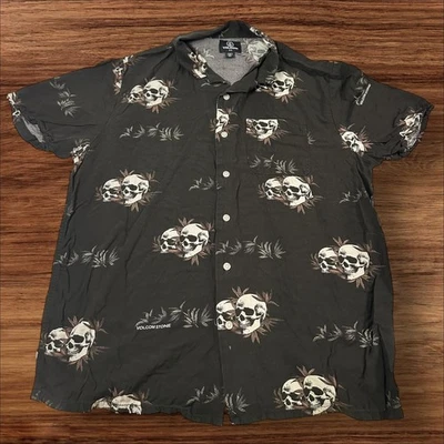 Volcom Skull Print Button Up Short Sleeve Shirt Graphic Casual Mens M - Image 1 of 4