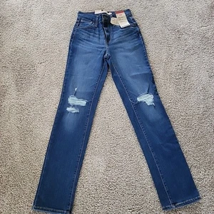 Levi's Womens 724 Dark Wash High Rise Distressed Straight Jeans 0 Medium W25 L30 - Picture 1 of 8